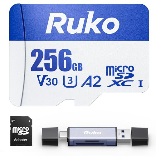 Ruko Carte micro SD 256 Go avec adaptateur et lecteur, A2, classe 10, UHS-I U3/V30, 4K UHD, jusqu'à 100 Mo/s de lecture, carte mémoire TF pour drones U11MINI 4K Series, appareils photo, consoles de