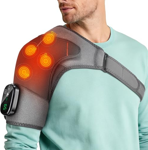 Kabellose Beheizte Schultermassageauflage, Tragbare Schulter-Heizbandage Mit Touchscreen-Steuerung, 5 Heizstufen, 5 Vibrationsmodi, Timer, 5000mAh Batterie Und 4 Motoren, Auf Linke/Rechte Schulter