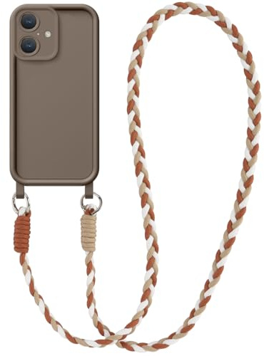 Coiwxmoi Coque pour iPhone 16 6,1 avec Cordon, Silicone Souple TPU Étui avec Lanyard Réglable Portable pour Femmes Filles, Antichoc Anti-Chute Protection de la Caméra Case pour iPhone 16, Brun