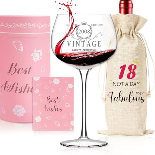 SHXWELL 18th Birthday Gifts for Girls, Vintage 2008 Platinum Print Wine Glass, Unusual 18th Birthday Decorations, Personalised Gifts for Women Girls, Friends, Daughter, Sister, 16Oz Red Wine Glass