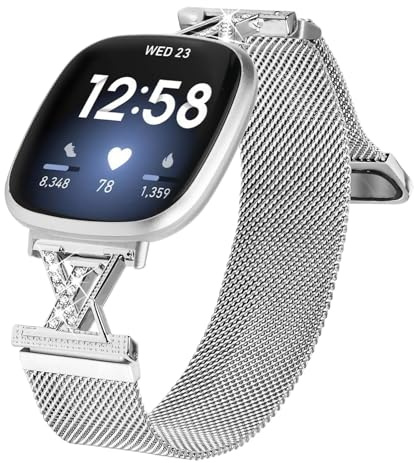Samlonge Metallarmband für Fitbit Versa 3/4, Sense/Sense 2, Damen & Herren | Magnetisch, Verstellbar, Edelstahl Mesh Loop, Bling Design, Ersatzband