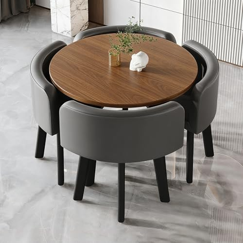 Runder Tisch und Stühle Set, Essgruppe 5-Teilig mit 90cm Walnuss-Maserung Esstisch und 4 PU-Leder Esszimmerstuhl, Moderne Esszimmergruppe für Büro Bistro Café,Walnussfarbe + grau