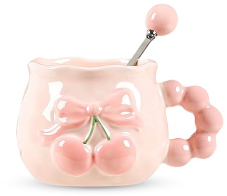Huipalon Coffee Mugs with Spoon Set 3D Embossed Bow Design Pink Ceramic Coffee Mug for Latte Tea Chocolate Cute Mug Gift for Women Girls Bestie Friends Mom Daughter Sister Birthday Christmas 300ml