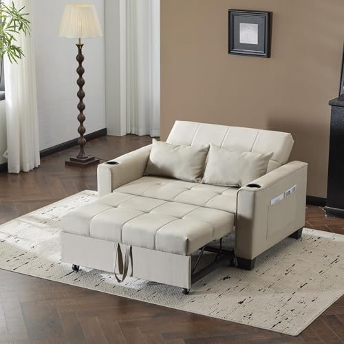 FammyLoft 2 Seater Sofa Beds, Double Sofa Bed with Cup Holders, 3 in 1 Pull Out Sleeper Sofa with 3 Level Adjustable Backrest, Convertible Bed Settee for Living Room/Apartment/Small Space, Beige
