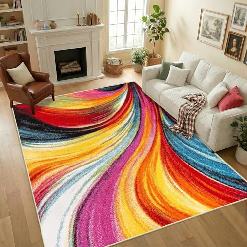 WQMMD Bunt Waschbare Teppiche 160x230cm Kinderzimmer Kurzflor rutschfest Moderne Wellen Muster Geometrische Teppich Maschinenwaschbar für Wohnzimmer Esszimmer küche Schlafzimmer (Rot Gelb Orange)