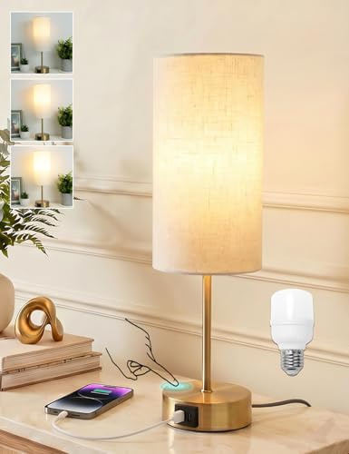 Nachttischlampe Touch Dimmbar, Tischlampe mit USB A+C Ladefunktion, Gold | MILLUXXi LED 3-Fach Dimmbar Leinen-Lampenschirm Kleine Lampe mit Kabel für Nachttisch Wohnzimmer Schlafzimmer Kinderzimmer