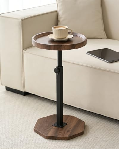 Walnuton Höhenverstellbarer Beistelltisch Holz, rund 360° drehbar, 45–80 cm | Beistelltisch fürs Wohnzimmer aus Holz, höhenverstellbar 45–80 cm, mit Schutzkante & rutschfester Basis für Sofa & Balkon