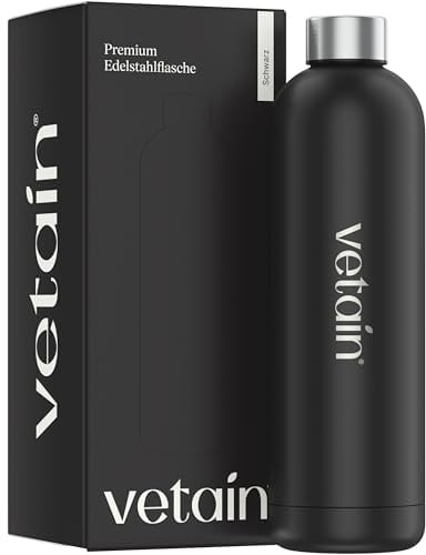 VETAIN Premium Edelstahl Trinkflasche 1L - BPA-Frei, Isoliert, Kohlensäure geeignet - Auslaufsichere Wasserflasche für Sport, Outdoor - Thermosflasche Schwarz