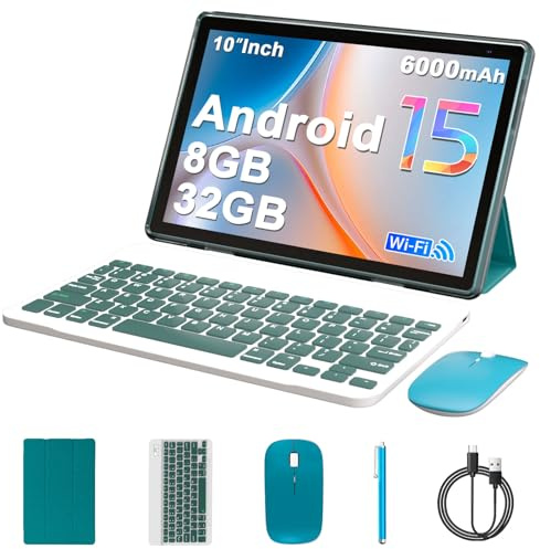 Android 15 Tablet 10 inch Tablets, 8GB RAM 32GB ROM 1TB Expand, 2 in 1 Tablet with Keyboard Case Mouse Stylus, 5G WiFi, BT5.0, 6000mAh, 1280x800 HD IPS Screen, 8MP Dual Camera, GMS, Widevine L1, Navy