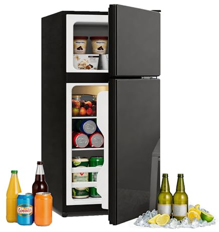 Merax 60L-Minikühlschrank mit Gefrierfach(22L) in Schwarz freistehend Kühl-Gefrier-Kombination, mit Glastür,LED-Beleuchtung,herausnehmbare Glasablagen,45 dB,135kWh, für Küche Büro Wohnzimmer