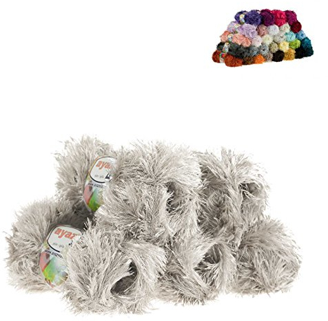 Fransen-Strickgarn Yumos 5 Knäuel je 150m/100g Strickgarn Wolle Strickwolle, Nadelstärke 4-5, Häkelnadel 3, Farbe:4079 grauweiß
