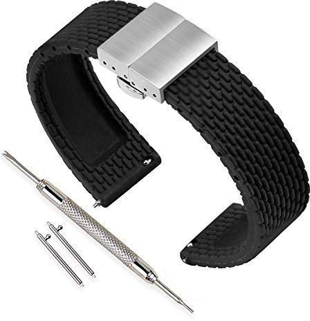 VINBAND Unisex Wasserfest Gummi Uhrenarmband mit Edelstahl Silber Faltschließe 20mm Schwarz