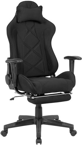 AMSTYLE Gaming-Schreibtischstuhl Bezug Stoff Schwarz Drehstuhl bis 120 kg, Büro-Arbeitsstuhl mit hoher Rückenlehne & ausziehbarer Fußstütze