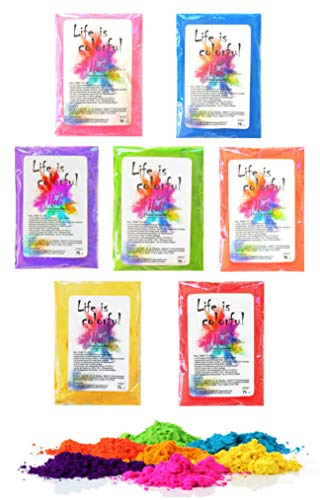 h2i Holi Pulver | 7 Farben x 70 g | 490 g buntes Farbpulver | Holi Color Powder - 7 Farbbeutel mit leuchtenden Farben zum Werfen | für Festivals Fotoshooting Baby-Shower Party-Foto Fun & Action