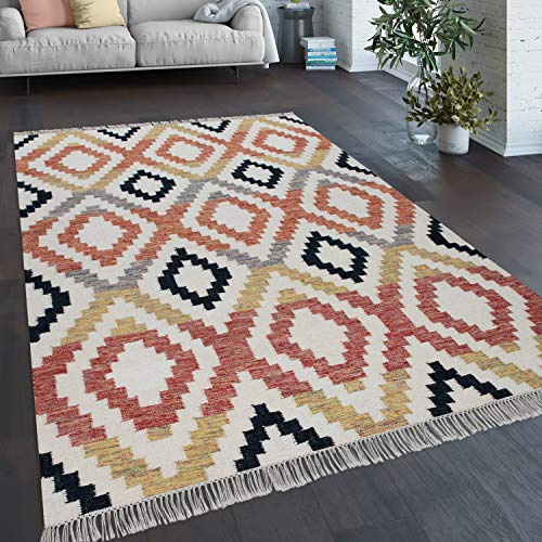 Paco Home Teppich Wohnzimmer Boho Fransen Handgewebt Wolle Baumwolle Rot Schwarz Gelb Creme, Grösse:140x200 cm