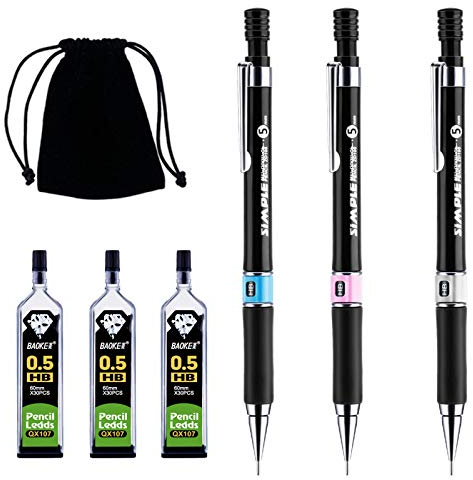 Lot de 6 porte-mines, 3 porte-mines HB de 0,5 mm, 3 étuis de mines de 0,5 mm avec pochette en velours noir pour écrire, dessiner, signature.