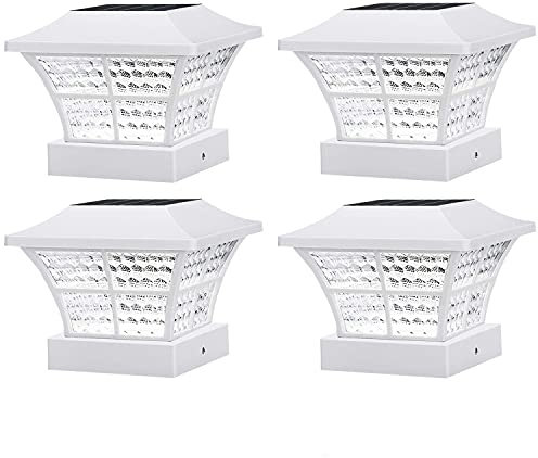Taylor & Brown 4 x White Fence Post Solar Lights Outdoor 3.5x3.5 4x4 inch Classic Square Deck Cap LED Lamp Wooden Posts Waterproof for Landscape, Pathway, Patio, Front Door Decoration