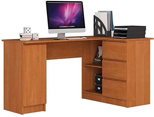 AKORD Eck-Schreibtisch B-20 mit 3 Schubladen, 2 Ablagen und einem Regalfach mit Tür | Schreibtisch | Eck Schreibtisch für Home Office | B155 x H77 x T85, 60 kg | Erle