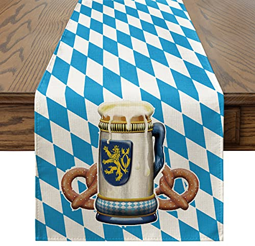 Artoid Mode Raute Oktoberfest Brezel Bayrisch Blau Tischläufer, Waschbar Modern Küche Esstisch Dekoration für drinnen und draußen Urlaub Party Wohnzimmer Dekor 40 x 140 cm
