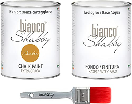 CHALK PAINT Ambra & FINITURA + PENNELLO - Pittura Shabby Chic EXTRA OPACA (1 Litro) + Finitura Trasparente Opaco (1 Litro) + 1 Pennello Pro 40 mm