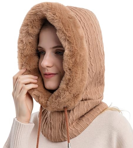 WANYIG Bonnet Femme Hiver Bonnet Balaclava en Tricot avec Cache-Cou Flexible Bonnet Cagoule pour Vélo Ski Randonnée Montagne Camping (Kaki)