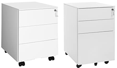 SONGMICS Rollcontainer, Aktenschrank mit 4 Rollen, 39 x 45 x 55 cm, Büroschrank mit 5 Rollen, 52 x 39 x 60 cm, abschließbar, mit Schubladen, vormontiert, Büro, Homeoffice, weiß OFC630WT