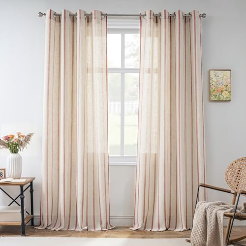 DriftAway Farmhouse Vorhänge aus Leinen-Mischgewebe, 213 cm, lang, für Wohnzimmer, vertikal, gestreift, Bedruckt, Vorhänge, Ösen, Lichtfilterung, Vorhang aus Leinen, B 52xL 84, Rot