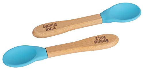 Tiny Dining 2X Bleu Cuillères Bambou Enfants - Embout Silicone - Cuillère d'alimentation Bébé, Courbé Doux - Respectueux Nature