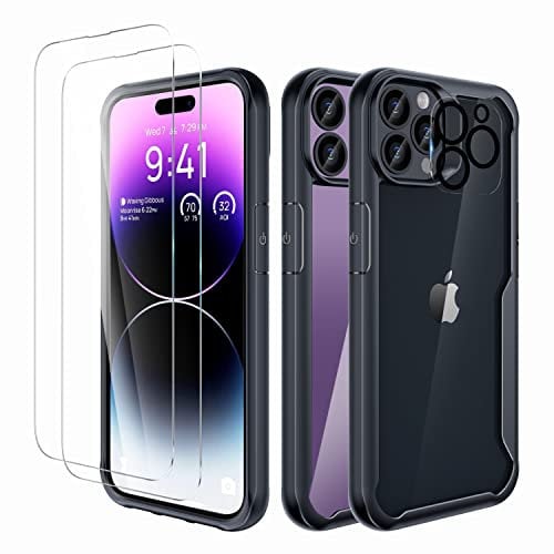 ORETECH Compatible with iPhone 14 Pro Case, with [2 x 9H Tempered Glass Screen Protector & Camera Lens Protector] Shockproof Ultra Thin Transparent Bumper PC Hybrid Case - Black
