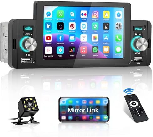 Hikity Radio Coche 1 DIN Bluetooth, 5 Pulgadas Táctil Pantalla para Coche, Radio Pantalla Coche Universal Bluetooth con Mirror Link para iOS/Android FM/USB/SWC +Micrófono +Cámara Trasera