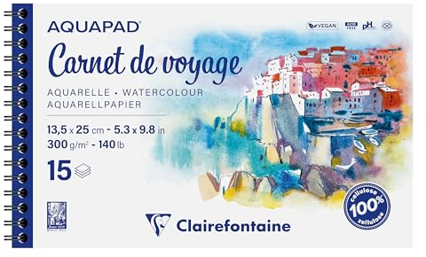 Clairefontaine 975957C - Skizzenbuch Aquapad 13,5x25cm, spiralgebunden mit 15 Bogen 300g, ideal für unterwegs, 1 Stück
