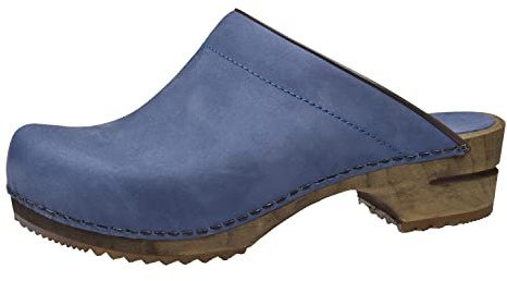 Sanita Chrissy offener Clog | Original handgemacht | Leder-Holzclogs für Damen | Nachhaltige Sohle | Taube blau | 42 EU