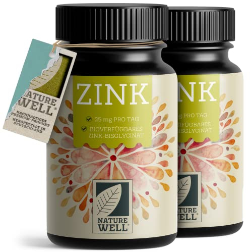 Zink 25mg - 2x365 Tableten (vegan) mit Zink-Bisglycinat (Zink-Chelat) für höchste Bioverfügbarkeit - laborgeprüft, hochdosiert, ohne unerwünschte Zusatzstoffe - XL-Vorratspack - NatureWell