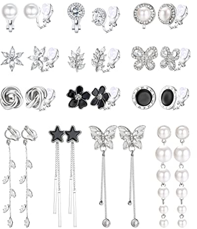 Kakonia 13 Paare Clip auf Ohrringe für Frauen und Mädchen Gold/Silber nicht durchbohrt Tropfen Ohrringe CZ simuliert Perle Schmetterling Blume Stern Twist Knoten Hypoallergene Clip Ohrringe Set