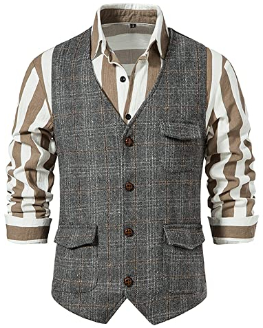 MakingDa Herren Karierte Weste, formell, ärmellos, V-Ausschnitt, kariert, Tweed, Business-Weste, Freizeitkleid, Anzugweste mit Tasche, grau, L