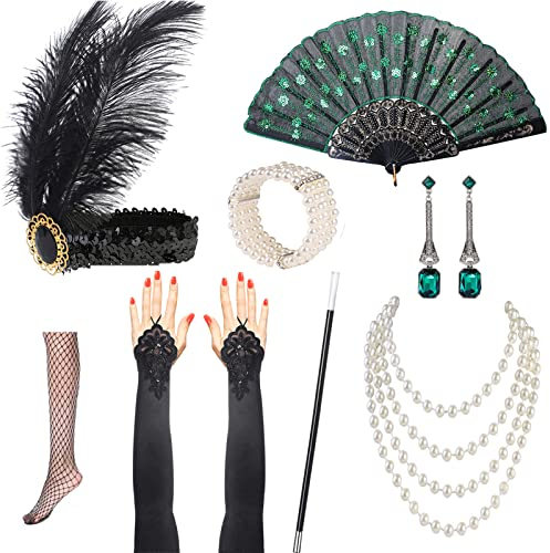 Nabance 20er Jahre Accessoires Gatsby Accessoires Damen 20er Jahre Kostüm Damen 1920s Kostüm Damen Flapper Set 1920er Accessoires Damen 20er Jahre Zubehör Set Retro Style Stirnband Set