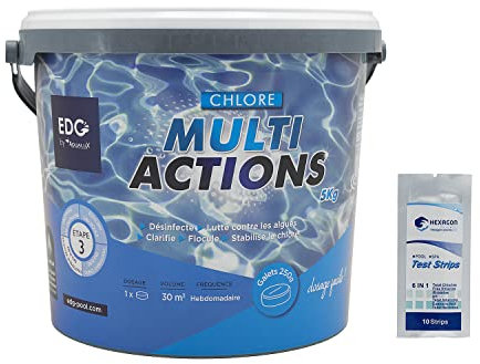 EDG by AQUALUX Chlore MULTIACTIONS Galets 250g - 5kg | Chlore Lent Stabilisé Multiaction - Désinfection Régulière Multifonction - Dissolution Lente + 10 Tests HPS OFFERTS 6 en 1