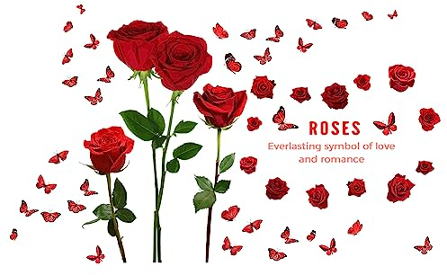 SUPERDANT Stickers Muraux Rose Rouge Rose Fleur Papillon Sticker Floral DIY Vinyle Mural Art Symbole de l'amour Décor pour Chambre Salon Canapé Toile de Fond TV Mariage Saint Valentin Anniversaire