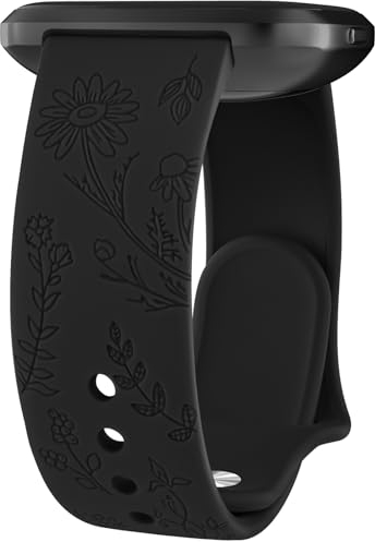 Vancle Armband für Fitbit Versa 2, Damen Herren, Silikon Armbänder Floral Gravierte Uhrenarmband Sport Ersatzarmband, Schwarz