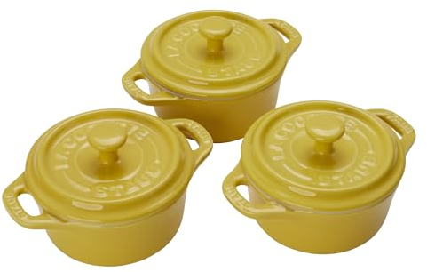 STAUB Juego de cocotte redondo de cerámica de gres de 3 piezas, color verde limón