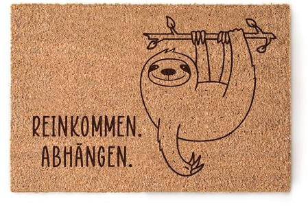 Faultier Fußmatte Kokos 60x40 - rutschfeste Fußmatte Innen - Schmutzfangmatte/Türvorleger als Schuhmatte - Fußabstreifer Geschenk zum Einzug (Faultier reinkommen)