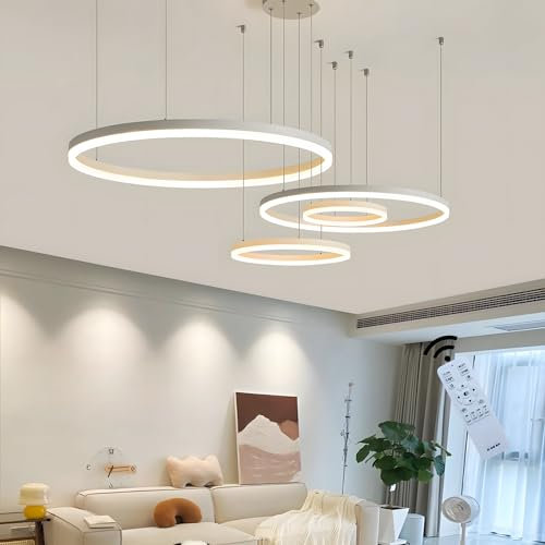 WayLuoung Metall LED Kronleuchter | 4 Kreise 20+40+60+80cm | 100W Rings Deckenhängelampe, Dimmbare Fernbedienung 3000–6000K, Acryl Schirm Pendelleuchte, Wohnzimmer Schlafzimmer Foyer Esszimmer【Weiß】