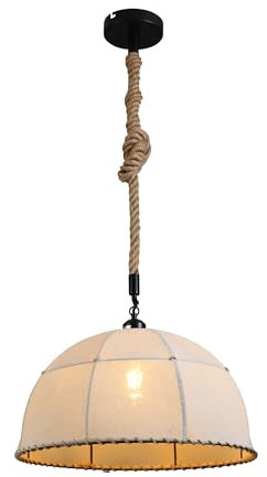 TEKLED American Country Antique Hemp Rope Ecru Fabric Shade Pendant Light | E27 Fitting | Rustic Adjustable Hemp Rope Ceiling Light | For Living Rooms Kitchens Coffes Restaurants | (Bulb not Included)