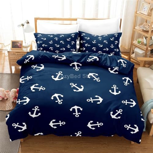 Rodths Bettwäsche 135x200 Marine Anker Ozean Meer Bettbezug 135 x 200 2er Set, Weiche Microfaser Sommerbettwäsche mit ReißVerschluss, 1 Kissenbezug 80x80 cm, Bügelfreie Wendebettwäsche