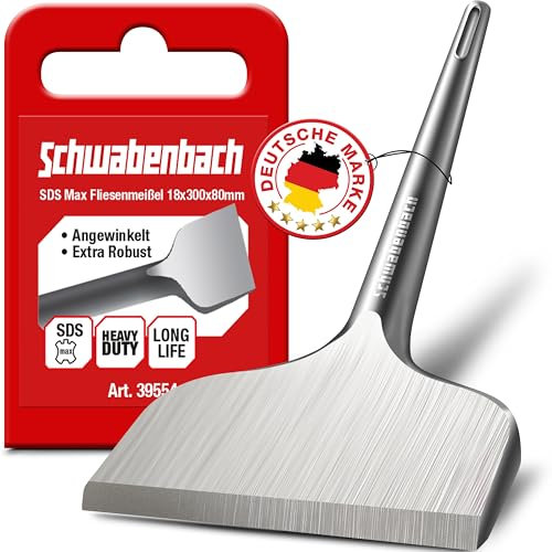 SCHWABENBACH® Fliesenmeißel SDS MAX 300 x 80mm abgewinkelt - Fliesen entfernen Werkzeug - Ideal zum Abtragen von Verputz - Flachmeißel - Extra Gehärtete Spitze - Bohrhammer Meißel 80mm für Profis