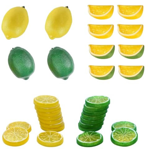 VireEyU 30 Pezzi di Finte Fette di Limone e Lime - Decorazioni Artificiali per Feste, Matrimoni e Fotografia, Giallo e Verde