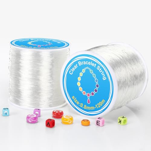 Alyvisun Elastico per Braccialetti, 2 Rolls 0.8mm Filo per Braccialetti Elastico, Filo Elastico per Braccialetti Adatto per Fare Gioielli DIY, Collana, Bracciale, Artigianato (120m/Spool)