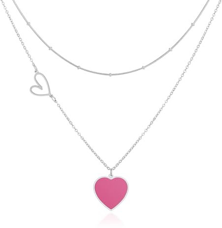 Linawe Collana a cuore con catena a cuore, collana a catena in argento da donna, catena con ciondolo a catena rosa rosa in acciaio inossidabile con ciondolo, gioielli in argento