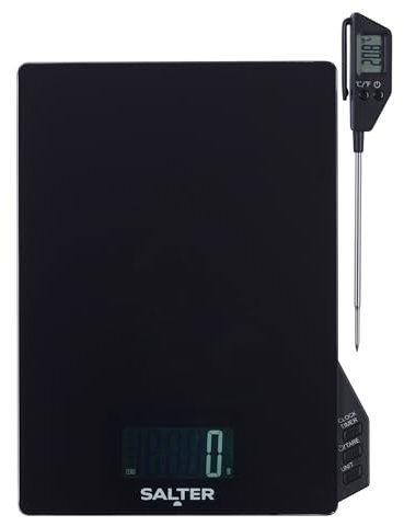 Salter Thermometer & Scale Set – Built-in Timer & Clock, Detachable Thermometer Probe, Aquatronic for Measuring Liquids, Celsius/Fahrenheit, Multiple Measure, LCD Display, Up to 5kg, SA00617FEU12