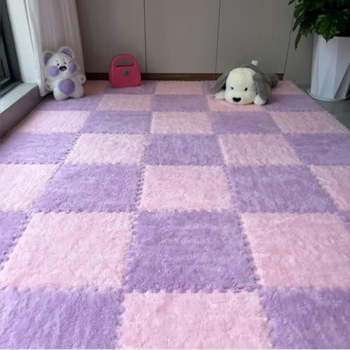 12Pcs/24Pcs 12x12x0.4inch EVA Plush Floor Tiles Mat, Thickened Warm Interlocking Puzzle Area Rug, Crawling Mat Carpet for Home Office Nursery Gym Yoga (24Pcs,Pink and Purple)